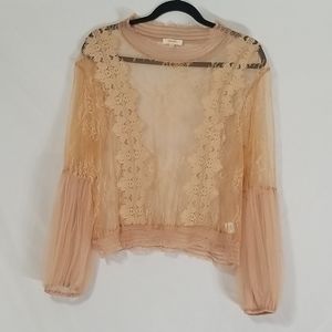 Peach Lace Long Sleeve Balloon Sleeves